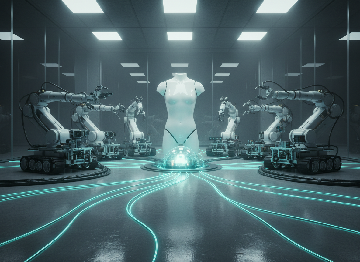 Inside a clean, glass-walled robotics arena, a glossy white humanoid torso without a head stands surrounded by modular robotic arms and tracked mobile bases, each wired into a central, glowing data core on the floor. Fiber-optic cables radiate from the core like roots, carrying pulses of cyan light. The polished concrete floor reflects both hardware and luminous lines, while subtle volumetric light from overhead LED panels creates a halo-like mist. Photographic realism, captured at eye level with a slightly wide lens, balanced composition using rule of thirds. The mood is bold, experimental, and focused on embodied intelligence powered by high-fidelity data.