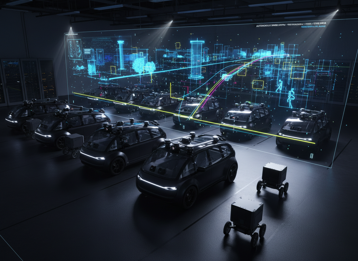 A fleet of sleek, sensor-covered autonomous test vehicles and compact delivery robots are parked on a matte black platform in a dim, high-tech lab. Above them, an enormous transparent screen shows layered data: LiDAR point clouds, bounding boxes around virtual obstacles, and multicolored trajectories arcing through a simulated city. Thin beams of cool white overhead light create sharp highlights on metal and glass surfaces, while the digital display glows with electric blues and neons. Photographic realism, bold and cinematic, shot from an elevated three-quarter angle, with strong contrast and deep shadows that convey precision, control, and cutting-edge autonomous driving data capabilities.