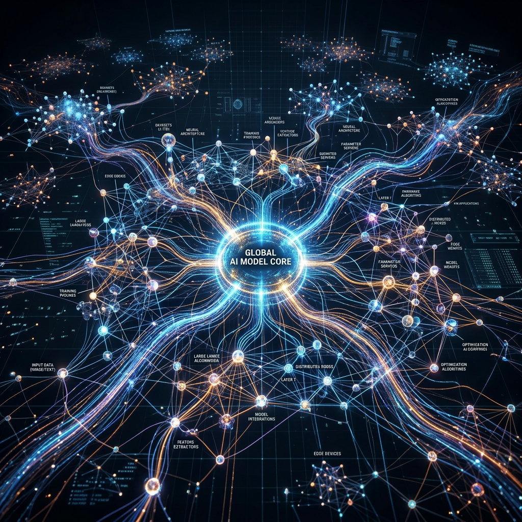 Diagram showing a central global AI model core connected to various nodes representing neural architecture, data inputs, servers, and algorithms