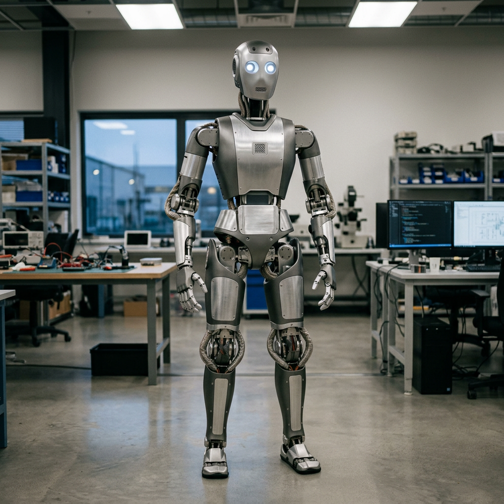 Humanoid robot with metallic body and glowing eyes in research laboratory