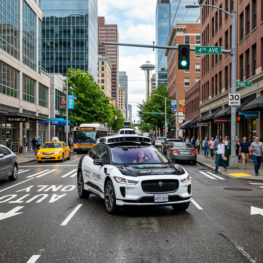Self-driving Jaguar I-PACE in traffic on 4th Avenue near Pine Street, Seattle, with Space Needle in background