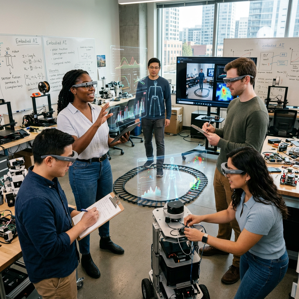 Team using augmented reality glasses to analyze robotics and AI data in a lab