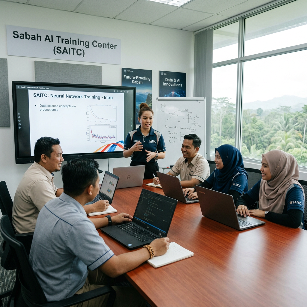 Group training session on neural networks at Sabah AI Training Center with laptops and presentation
