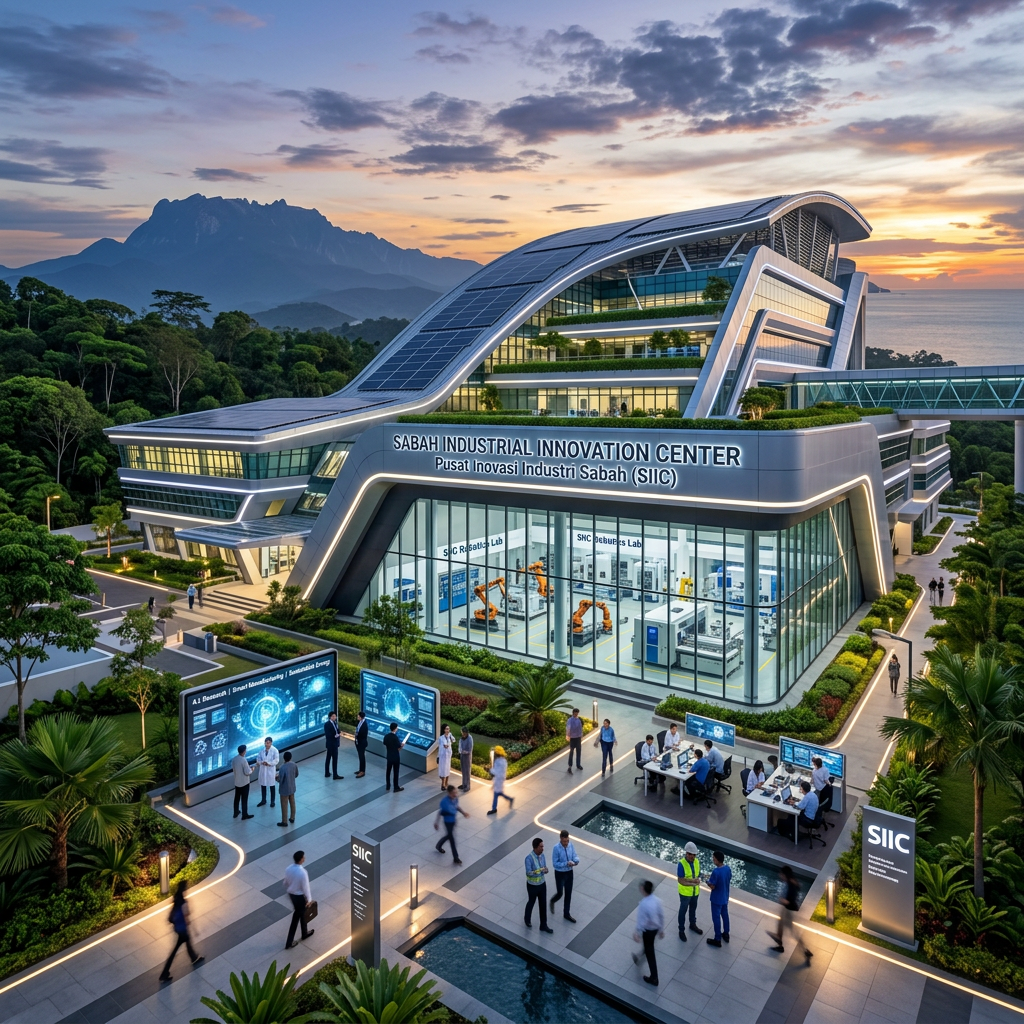 Sabah Industrial Innovation Center with robotic labs and people working outside at dusk